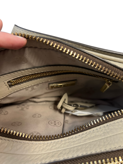 Tory Burch Gray Leather Gold hardware Zip Close Double pockets Crossbody Bag Gray / S