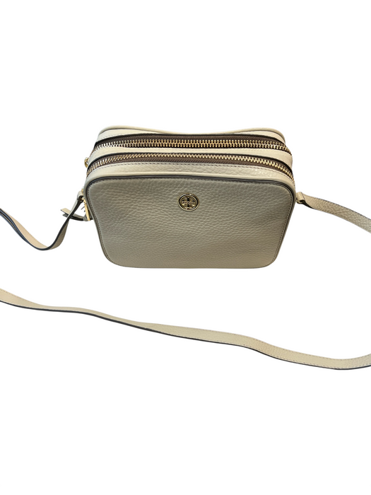 Tory Burch Gray Leather Gold hardware Zip Close Double pockets Crossbody Bag Gray / S
