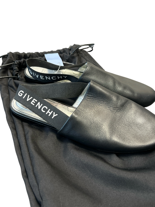 Givenchy Shoe Size 37 Black Leather Round Toe Lettering Sling back Flats Shoes Black / 37