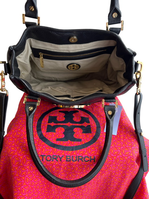 Tory Burch Black Goldtone Hardware Double Handle Logo Snap Closure Bag Black / Large
