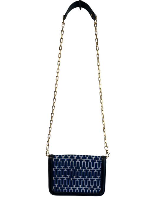 Tory Burch Blue, White & Black Leather & Fabric goldtone hardware Flap Logo Bag Blue, White & Black / Small