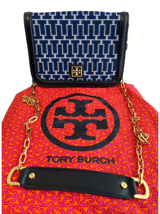 Tory Burch Blue, White & Black Leather & Fabric goldtone hardware Flap Logo Bag Blue, White & Black / Small