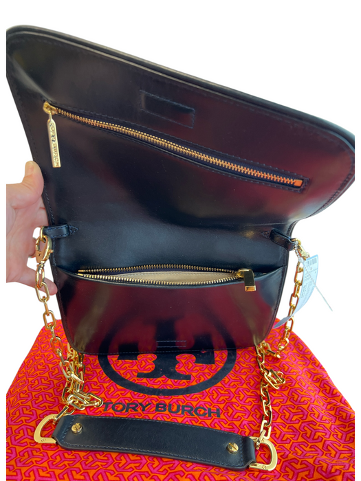 Tory Burch Blue, White & Black Leather & Fabric goldtone hardware Flap Logo Bag Blue, White & Black / Small
