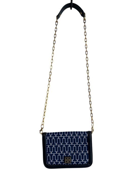 Tory Burch Blue, White & Black Leather & Fabric goldtone hardware Flap Logo Bag Blue, White & Black / Small
