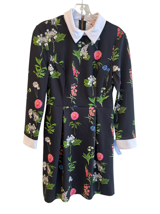 Ted Baker Size 1 Black & Multi Polyester Blend Collared Floral Long Sleeve Dress Black & Multi / 1