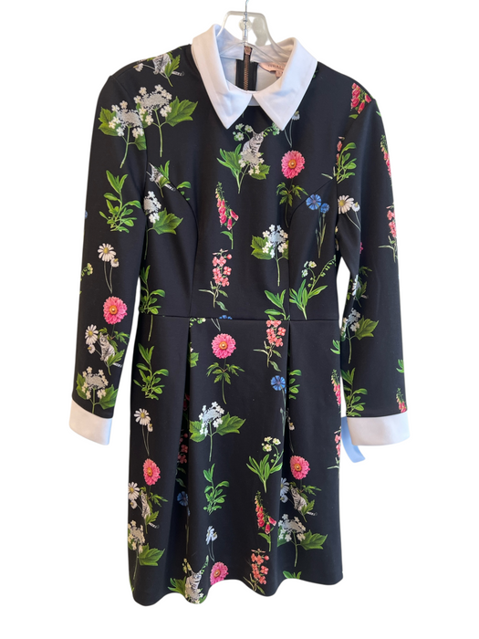 Ted Baker Size 1 Black & Multi Polyester Blend Collared Floral Long Sleeve Dress Black & Multi / 1