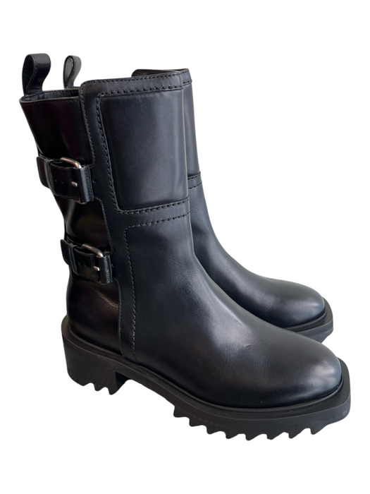 Tamara Mellon Shoe Size 37 Black Leather Moto Side Zip Lug Sole Boots Black / 37