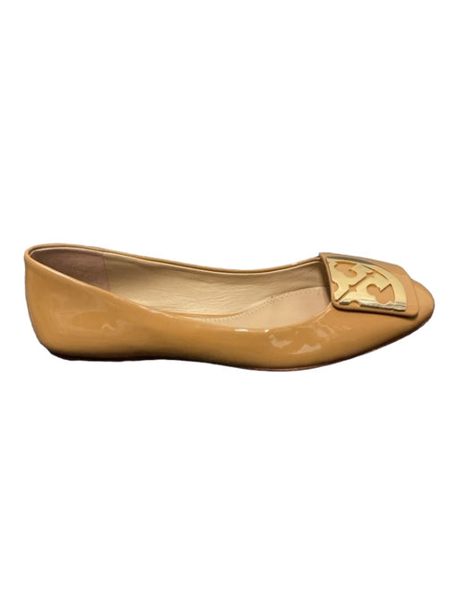 Tory Burch Shoe Size 6.5 Tan Patent Leather Square Toe Logo Gold Hardware Flats Tan / 6.5