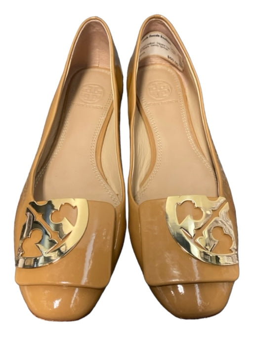 Tory Burch Shoe Size 6.5 Tan Patent Leather Square Toe Logo Gold Hardware Flats Tan / 6.5