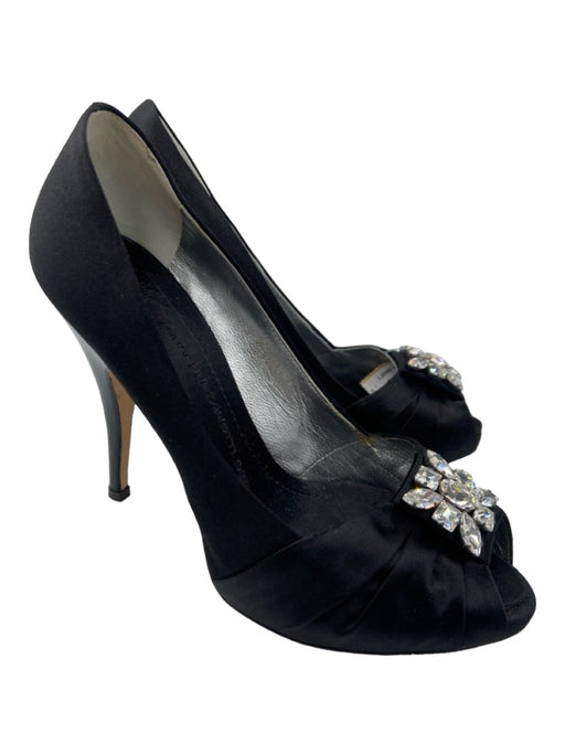 Giuseppe Zanotti Shoe Size 37 Black Satin Embellished Peep Toe Stiletto Pumps Black / 37