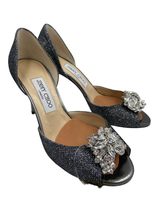 Jimmy Choo Shoe Size 37 Silver Fabric Embellished Peep Toe Open Sides Pumps Silver / 37
