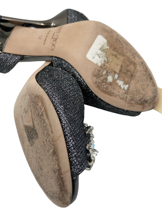 Jimmy Choo Shoe Size 37 Silver Fabric Embellished Peep Toe Open Sides Pumps Silver / 37