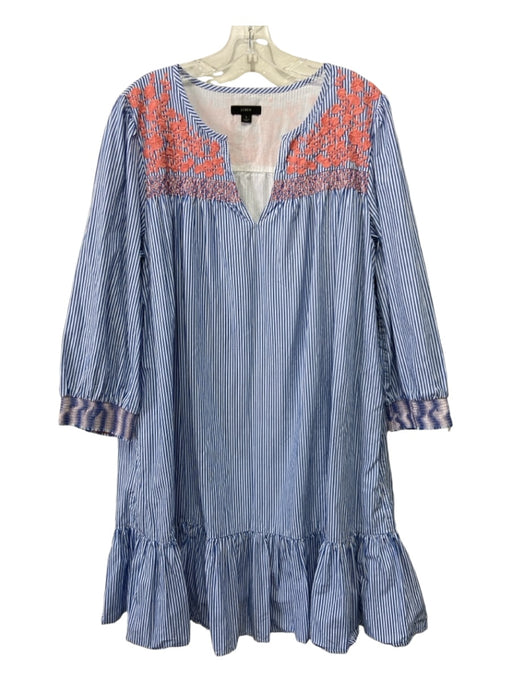 J. Crew Size L Blue, White, Pink Cotton Floral Embroidered Striped V Neck Dress Blue, White, Pink / L