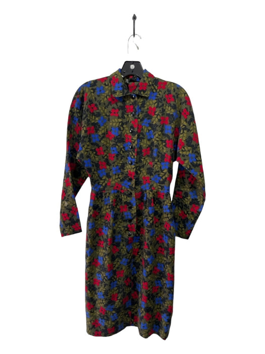 Guy Laroche Size XS/34 Green, Blue, Red Wool Button Down Abstract Floral Dress Green, Blue, Red / XS/34