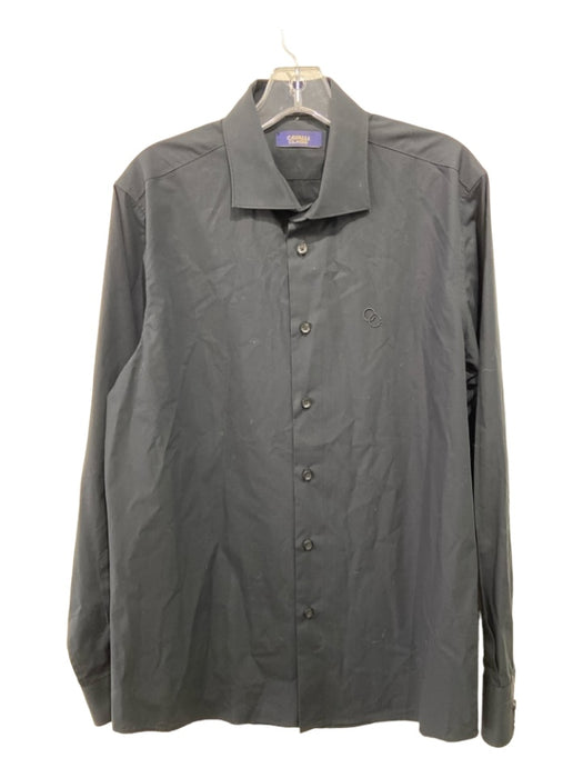 Cavalli Class Size 16.5 Black Cotton Solid Button Up Collared Long Sleeve Shirt 16.5