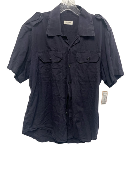 Dries Van Noten Size 52 Navy Blue Cotton Solid Button Up Men's Short Sleeve Navy Blue / 52