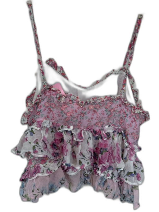 Loveshackfancy Size 2 Pink & Multi Silk Spaghetti Strap Botanical Cropped Top Pink & Multi / 2