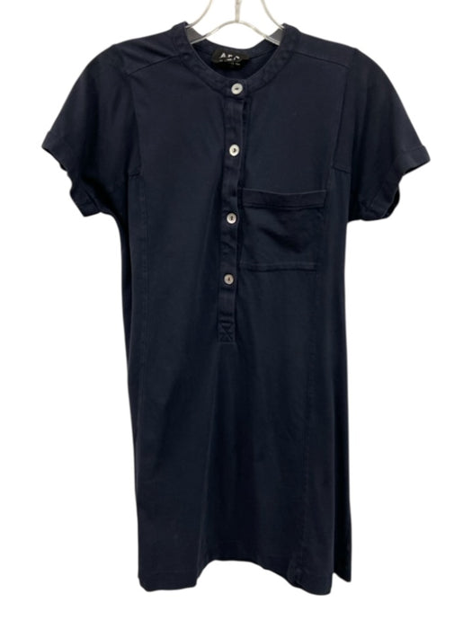 A.P.C Size XS Navy Blue Cotton Short Sleeve Breast Pocket 1/4 Button Dress Navy Blue / XS