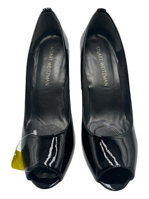 Stuart Weitzman Shoe Size 9.5 Black Patent Leather Peep Toe Block Heel Shoes Black / 9.5