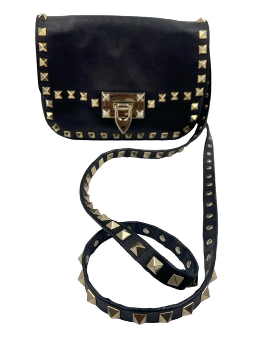 Valentino Black & Gold Leather & Metal Rockstud Pyramid Studs Flap Bag Black & Gold / Mini
