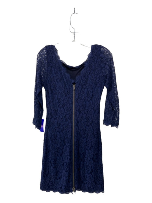 Diane Von Furstenberg Size 8 Navy Blue Rayon Blend V Back Lace Zip Back Dress Navy Blue / 8