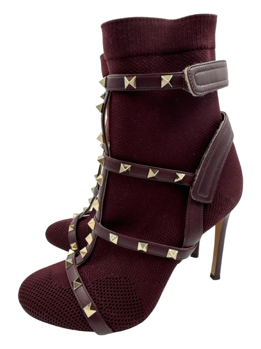 Valentino Shoe Size 37 Burgundy Textile Studded Stiletto Sock Knit Booties Burgundy / 37