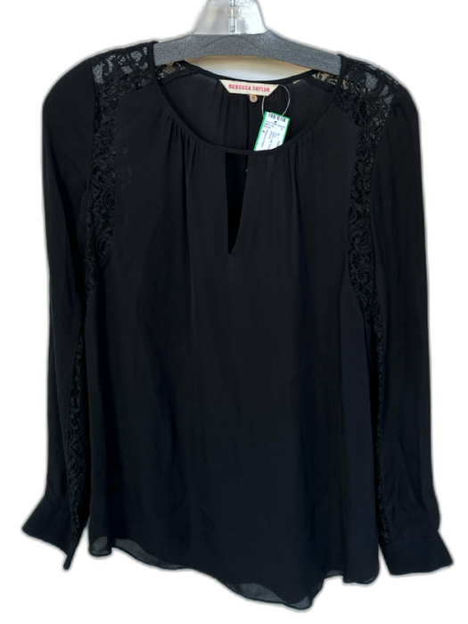 Rebecca Taylor Size 4 Black Silk Long Sleeve Lace Detail Top Black / 4