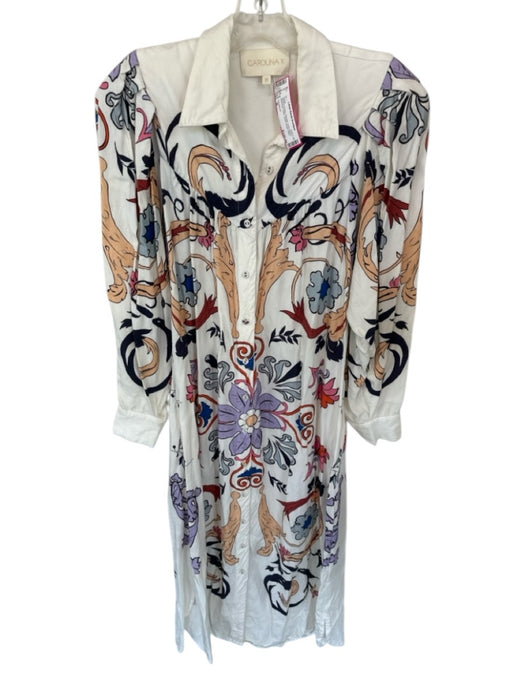 Carolina K Size M White & Peach Viscose Long Sleeve Botanical Collar Dress White & Peach / M