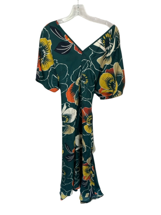 Beatrice B. Size M Teal & Orange Silk Short Sleeve Flowers Waist tie Maxi Dress Teal & Orange / M