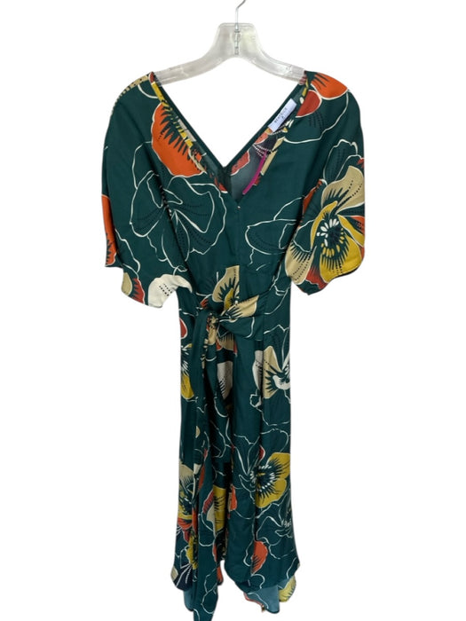 Beatrice B. Size M Teal & Orange Silk Short Sleeve Flowers Waist tie Maxi Dress Teal & Orange / M