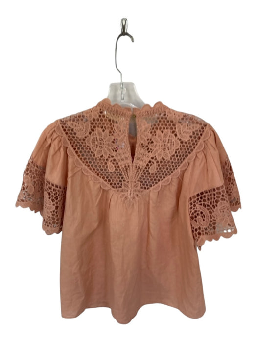 Ulla Johnson Size 6 Peach Cotton & Linen Short Sleeve Lace Detail Scalloped Top Peach / 6