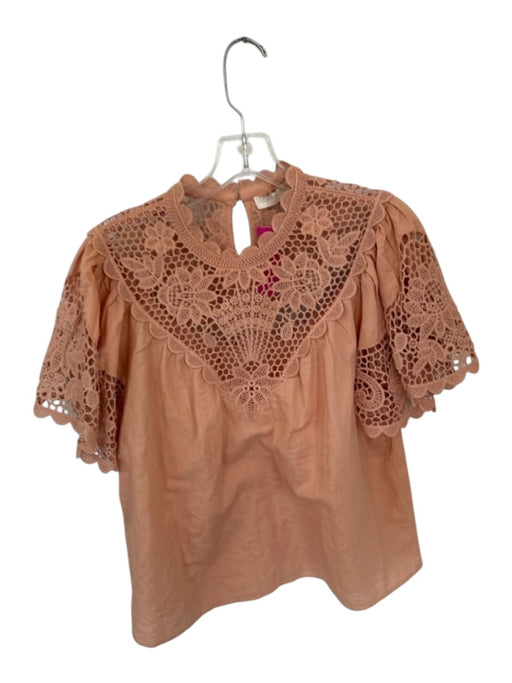 Ulla Johnson Size 6 Peach Cotton & Linen Short Sleeve Lace Detail Scalloped Top Peach / 6