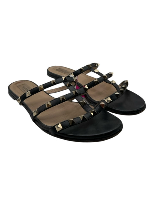 Valentino Shoe Size 39 Black & Gold Leather Rockstud Slide Sandals Black & Gold / 39