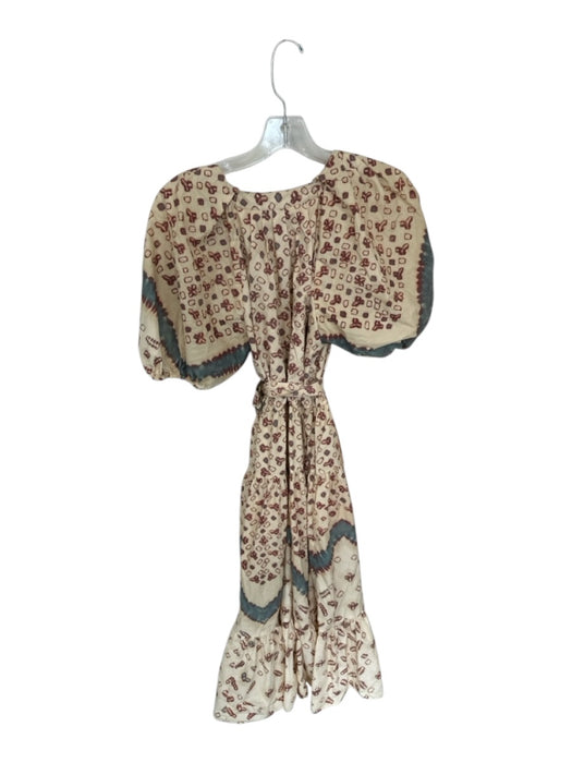 Ulla Johnson Size 4 Cream & Maroon Cotton Tie Dye Short Puff Sleeve V Neck Dress Cream & Maroon / 4