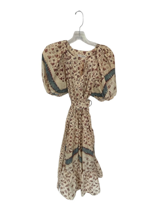 Ulla Johnson Size 4 Cream & Maroon Cotton Tie Dye Short Puff Sleeve V Neck Dress Cream & Maroon / 4