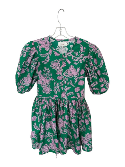 XiRENA Size S Green & Pink Cotton Floral Short Sleeve Drawstring Waist Dress Green & Pink / S