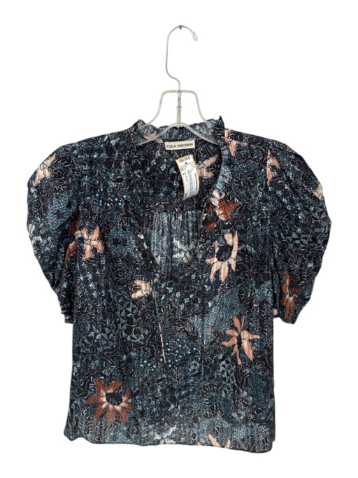 Ulla Johnson Size 4 Burnt Orange & Navy Cotton & Viscose Botanical Neck Tie Top Burnt Orange & Navy / 4
