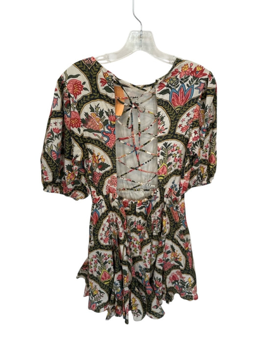 Rhode Size M Green, Red & Cream Cotton Botanical Balloon Sleeve Boat Neck Dress Green, Red & Cream / M