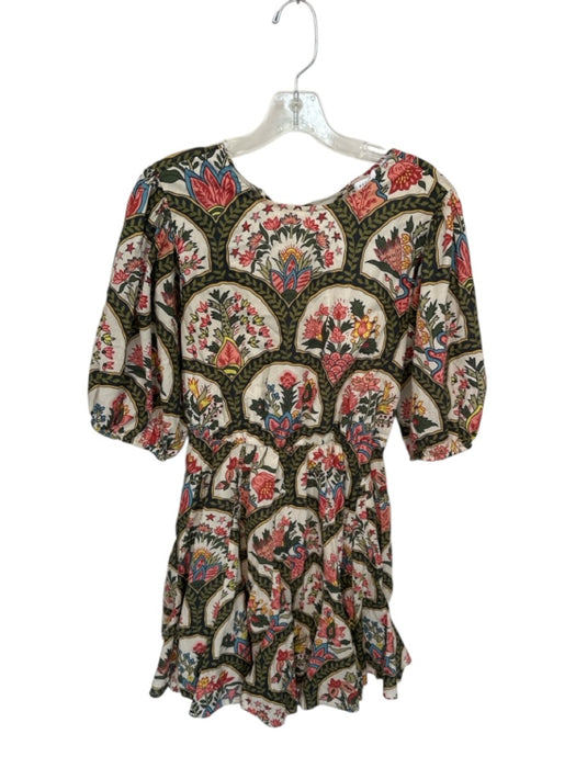 Rhode Size M Green, Red & Cream Cotton Botanical Balloon Sleeve Boat Neck Dress Green, Red & Cream / M