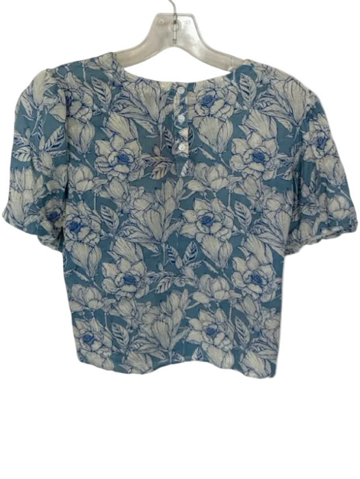 Olivia James the Label Size M Blue & White Cotton Botanical Half Button Top Blue & White / M