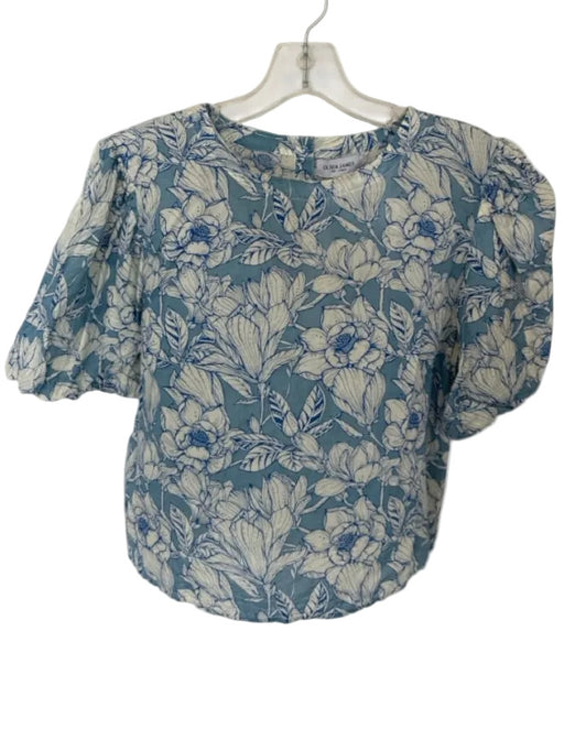 Olivia James the Label Size M Blue & White Cotton Botanical Half Button Top Blue & White / M