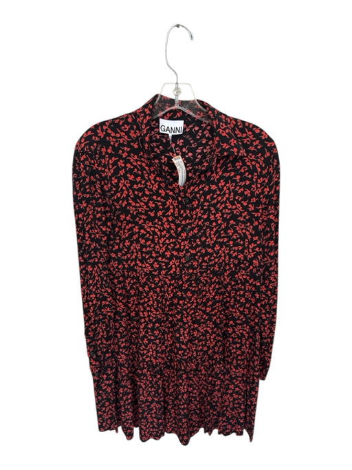 Ganni Size 34/2 Red & Black Viscose Leaves Long Sleeve Half Button Mini Dress Red & Black / 34/2