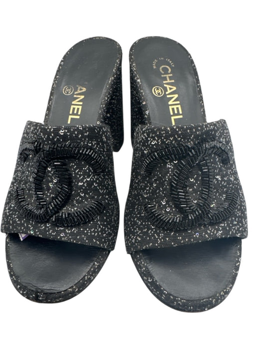 Chanel Shoe Size 36.5 Black & White Canvas open toe Block Heel Sequin Sandals Black & White / 36.5