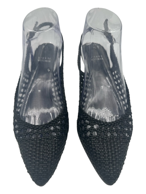 Stuart Weitzman Shoe Size 7 Black Leather Pointed Toe Open Weave Slingback Pumps Black / 7