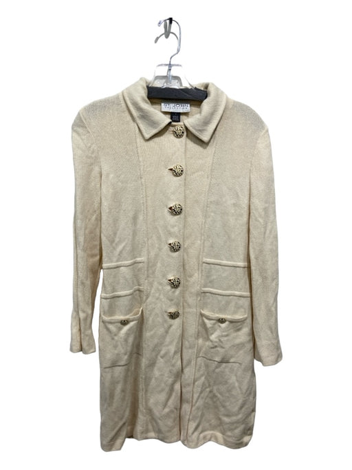 St John Size 2 Cream White Wool Blend Gold Buttons Piping Mid Length Coat Cream White / 2