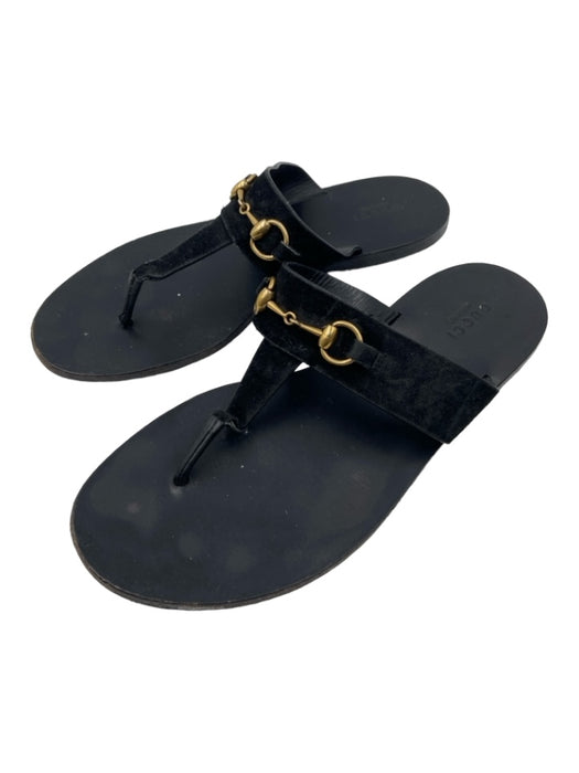 Gucci Shoe Size 37.5 Black & Gold Suede & Leather Thong Flat Horsebit Sandals Black & Gold / 37.5