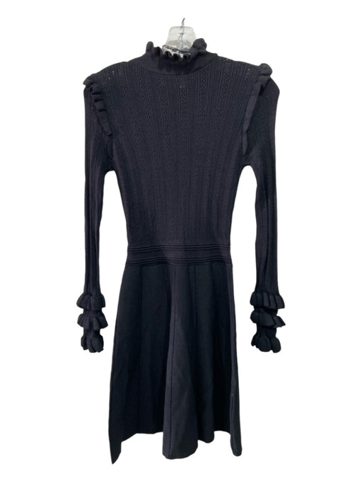 Zara Size S Black Polyamide Knit Ruffle Neckline Long Sleeve Paneled Dress Black / S