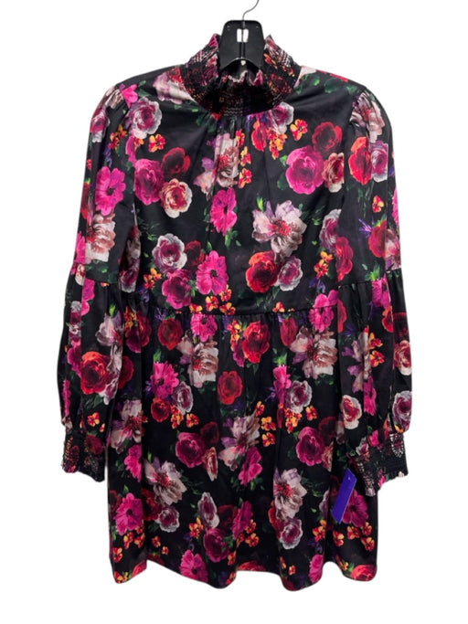 Alice + Olivia Size S/P Black, Pink, Multi Cotton Blend Long Sleeve Floral Dress Black, Pink, Multi / S/P