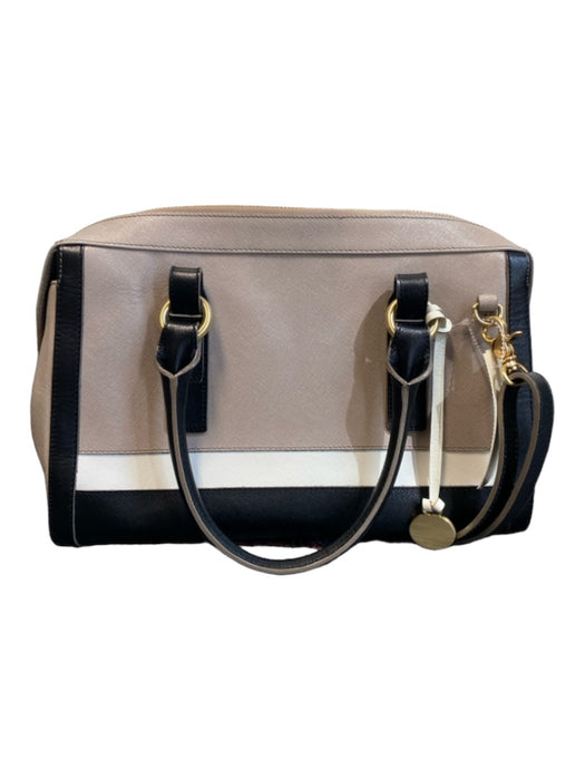 Brahmin Tan, Black & White Saffiano Leather 2 Top Handles Adjustable Strap Bag Tan, Black & White / Medium