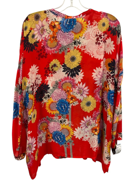 Johnny Was Size Est L Red & Multi Cupra Rayon Button Up Long Sleeve Floral Top Red & Multi / Est L
